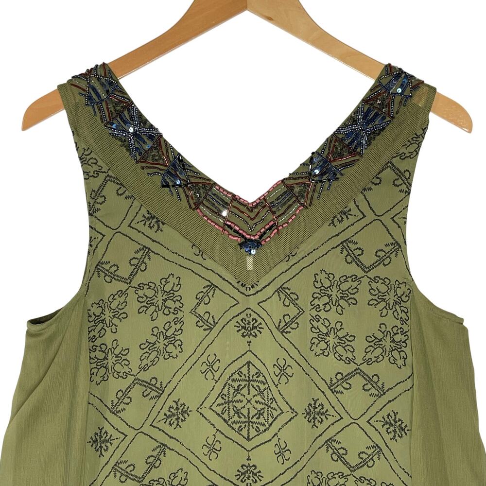 FREE PEOPLE Women’s Ancient Mystery Beaded Green Geo Print Swing Dress - Picture 7 of 8